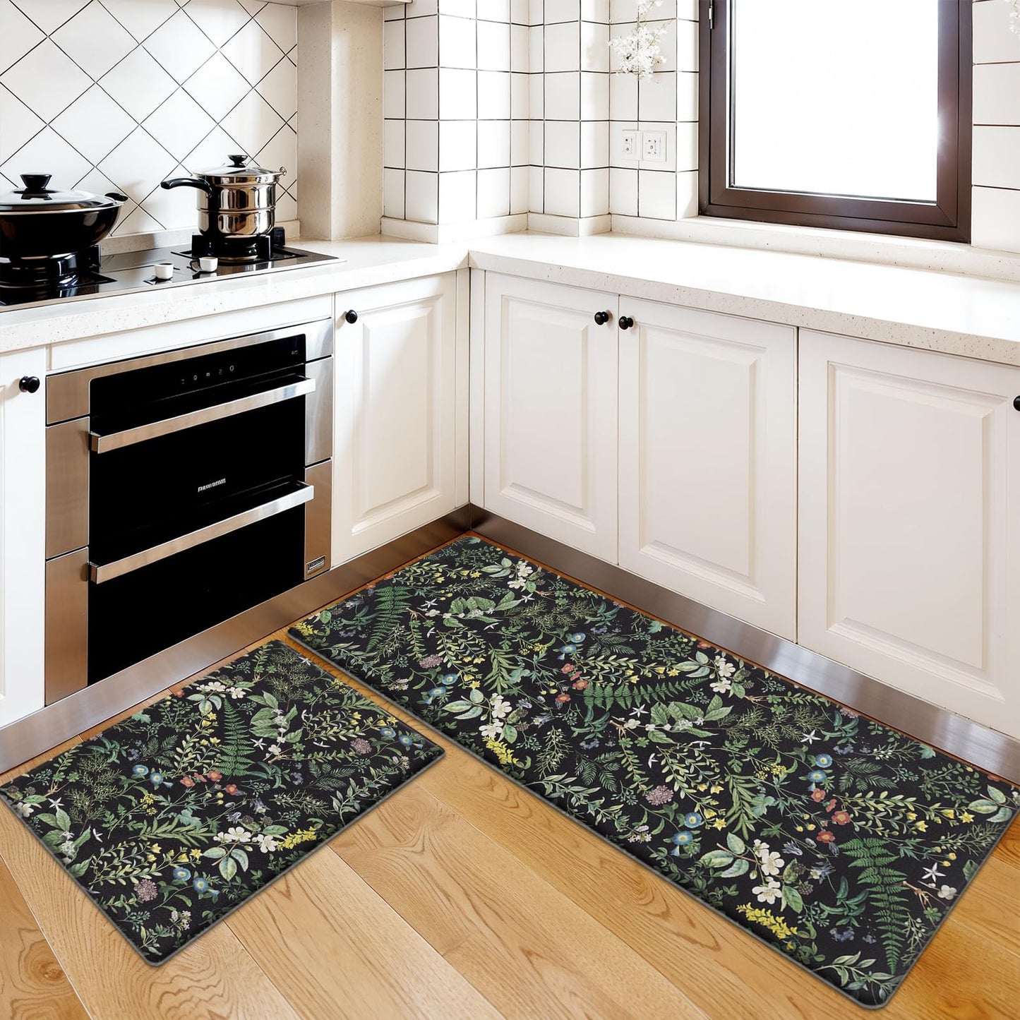 SHACOS Botanical Kitchen Rugs Set of 2, 17x27.5+17x47 inch
