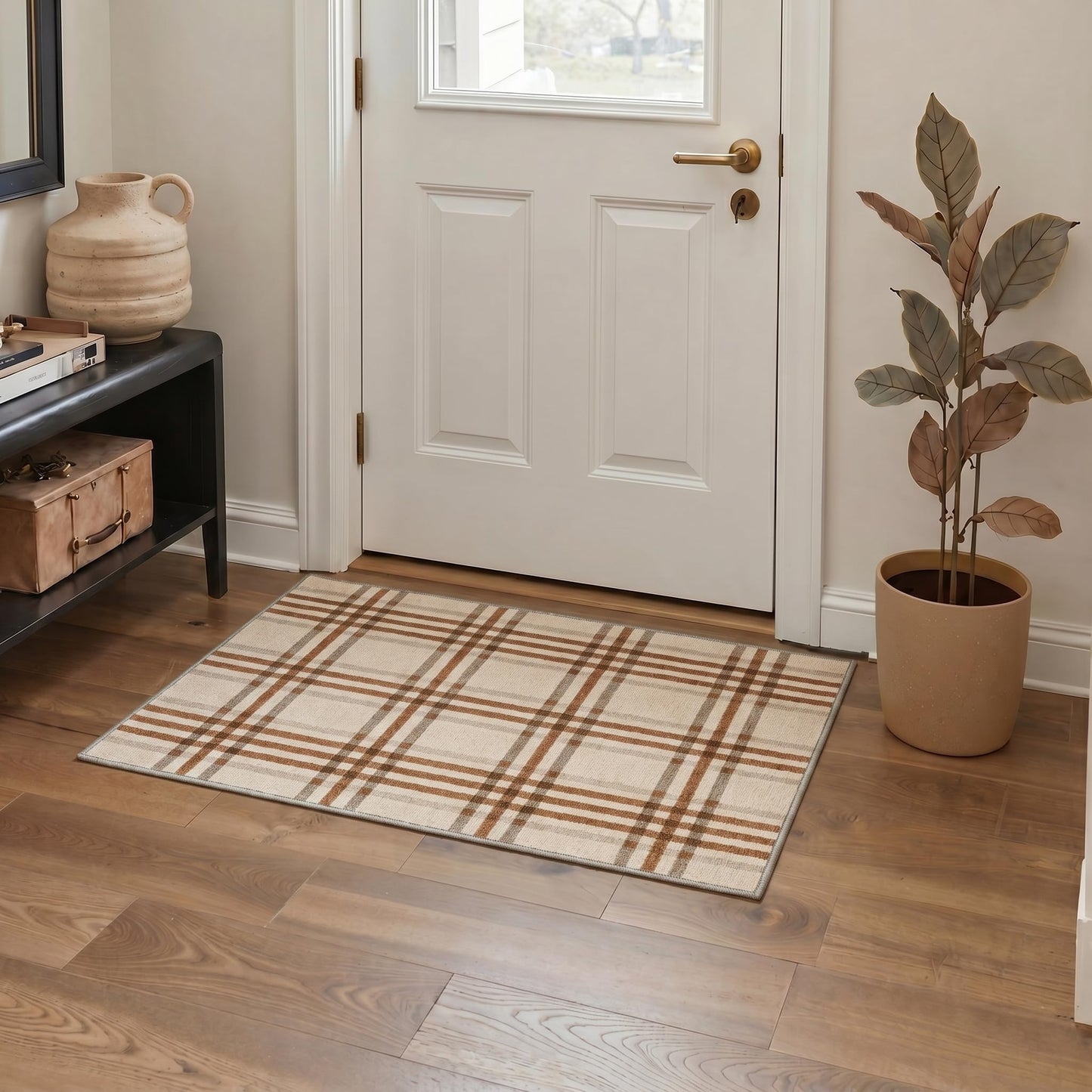 Bavni 5X7 Area Rugs, Minimalist Plaid Low Pile Non Slip Machine Washable Stain Resistant Indoor Rug for Living Room Bedroom Dining Room Home Office, Caramel Beige