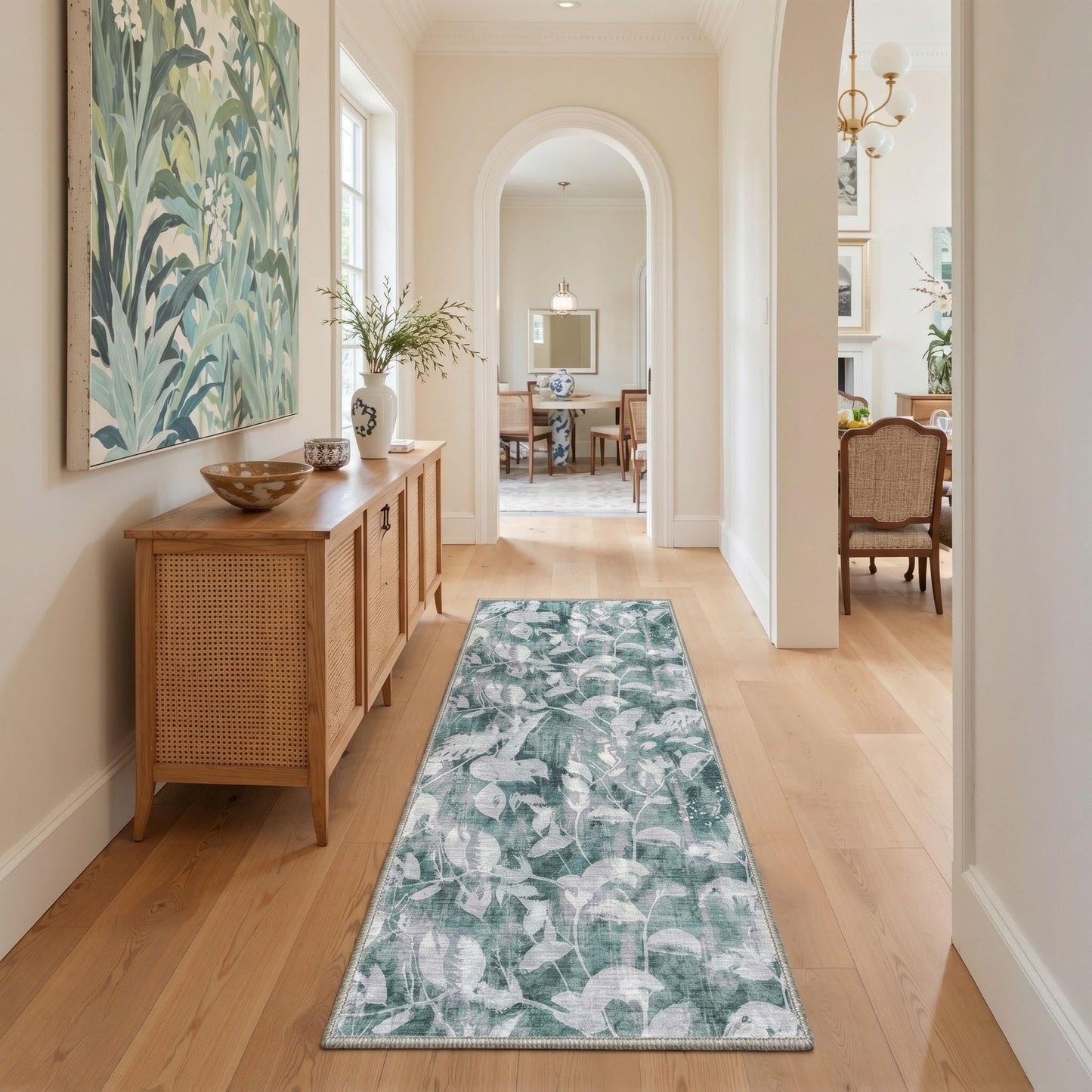 GENIMO 2X5 Hallway Runner, Machine Washable Non Slip Low Pile Soft Rugs, Modern Botanical Faded Leaves Carpet for Entryway, Kitchen, Dusty Sage