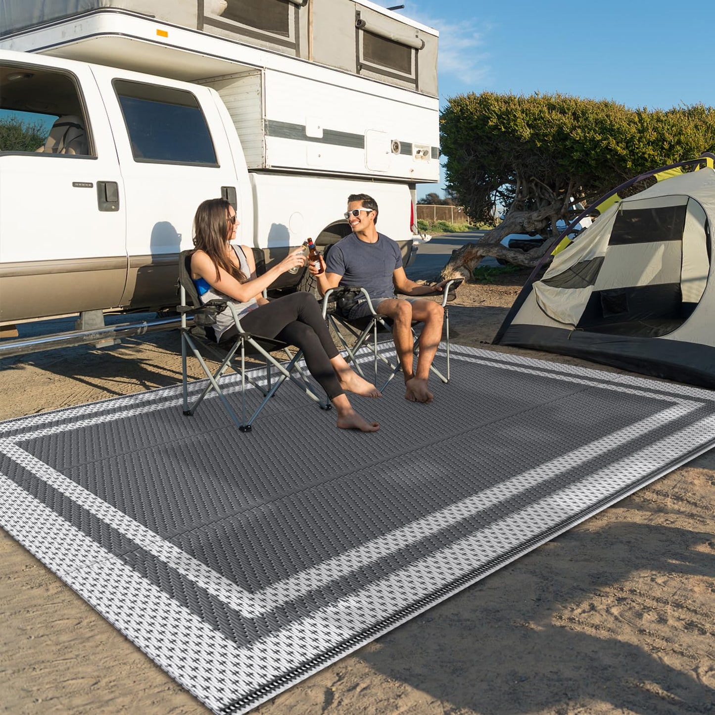HappyTrends,Outdoor Rug,Patio Rug,Reversible Portable Outdoor Plastic Straw Rug,Camping Rugs for Outside RV,Large Waterproof Area Rugs for Patio,Deck,Picnic,Porch,Balcony(4'x 6',White&Gray)