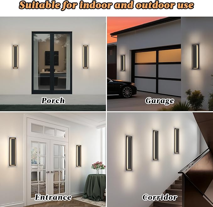 24 in Modern Long Outdoor Wall Lights Exterior Lights for House,LED Outdoor Wall Sconce Set of Two,Large Front Porch Light,Waterproof Patio Wall Light Fixture,24 W Exterior Garage Lighting