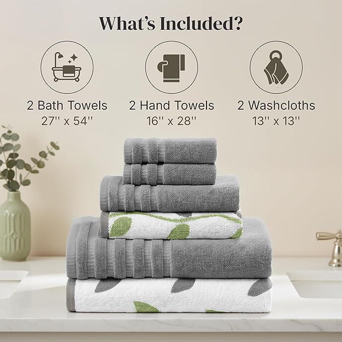 Modern Threads Organic Vines 6-Piece 100% Cotton Towel Set – Yarn Dyed Jacquard