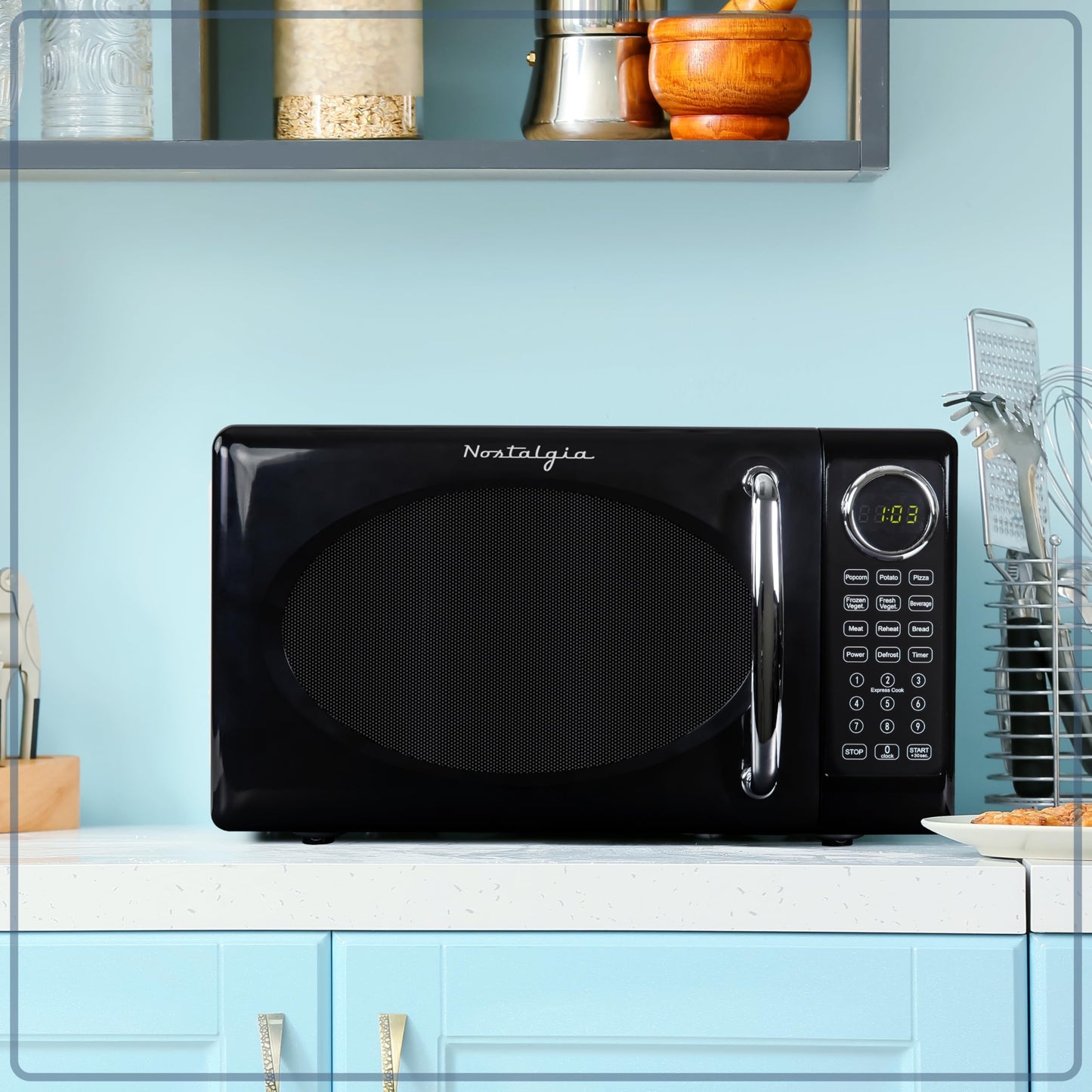 Nostalgia Retro Microwave Oven - 0.7 Cu Ft, 700-Watt Countertop Size with Glass Turntable, Child Safety Lock, 8 Auto-Cook Programs, Digital Clock - Aqua