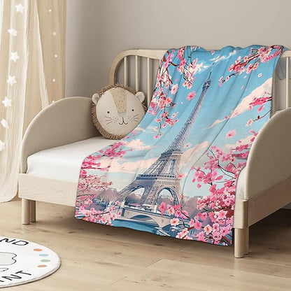 Blanket Eiffel Tower Lightweight Soft Throw Blanket for Girls Teens Women, Cherry Blossoms Fuzzy Blanket Home Room Decor 50x60 Inches