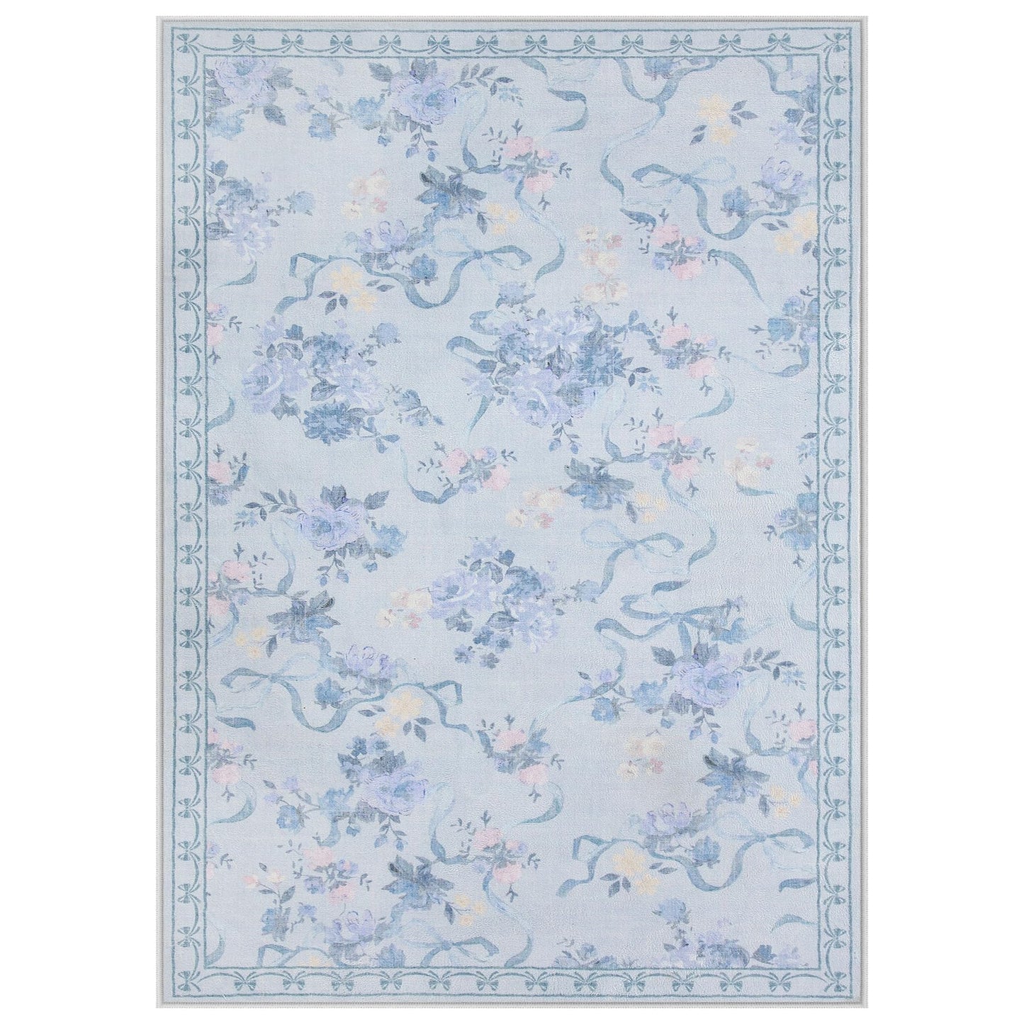 Tribesigns Bow Floral Blue 5x7 Area Rugs for Living Room, Washable Soft Cute Rug for Bedroom Nursery, Border Non Slip Low Pile Coquette Printed Indoor Dining Room Carpet for Kids Playroom, Blue/5x7