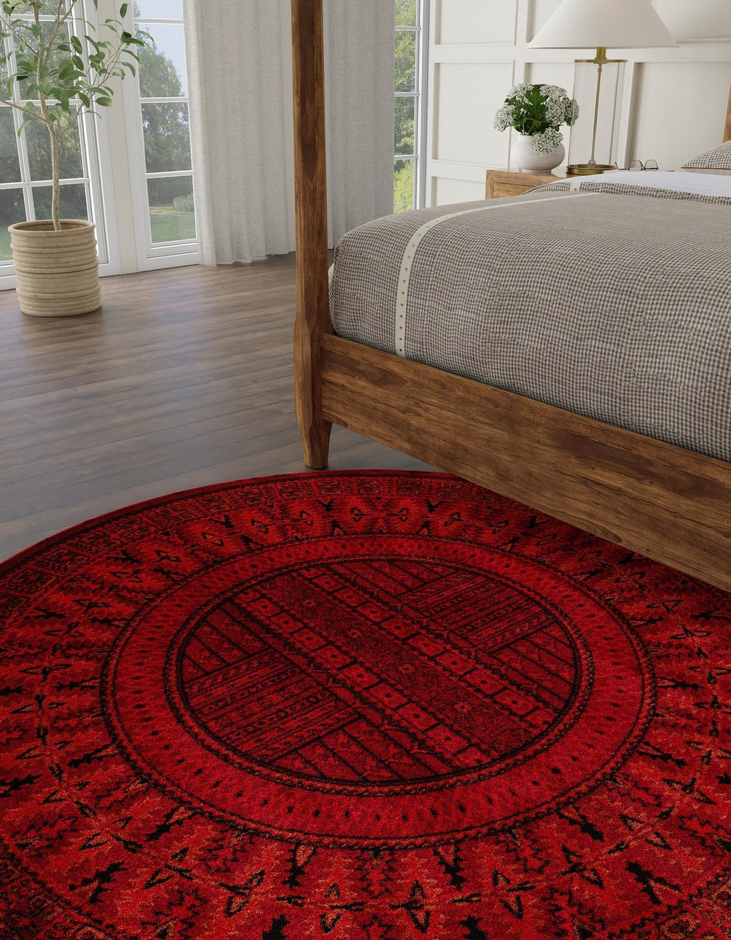 Rugs.com Bokhara Collection Rug – 3 Ft Round Red Medium-Pile Rug Perfect for Kitchens, Dining Rooms