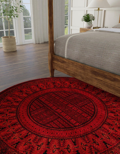 Rugs.com Bokhara Collection Rug – 3 Ft Round Red Medium-Pile Rug Perfect for Kitchens, Dining Rooms