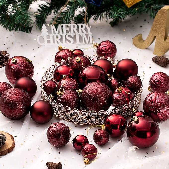 Christmas Ornaments for Xmas Trees,Burgundy Shatterproof Christmas Ball Ornaments