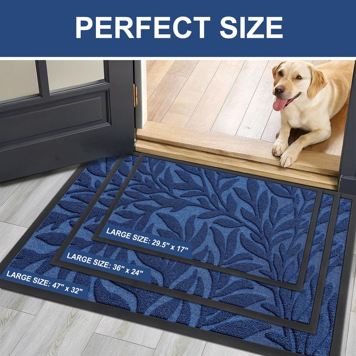 Smiry Front Door Mat Indoor Outdoor Entrance, Heavy Duty Natural Rubber, Trap Dirt and Moisture, Non-Slip Doormats, Low Profile, Easy Clean Patio Porch Entryway Mat, 29.5x17, Ocean Blue