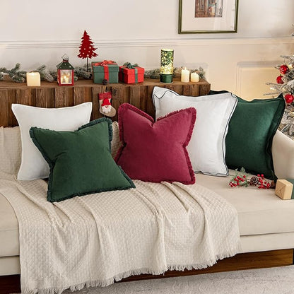 MIULEE Christmas Decorative Lumbar Throw Pillow Covers Neutral Linen Fringe Throw Pillows Set of 2 Army Green Boho Farmhouse Cushion Covers for Couch Sofa Bed Living Room Spring Home Decor 12x20 Inch