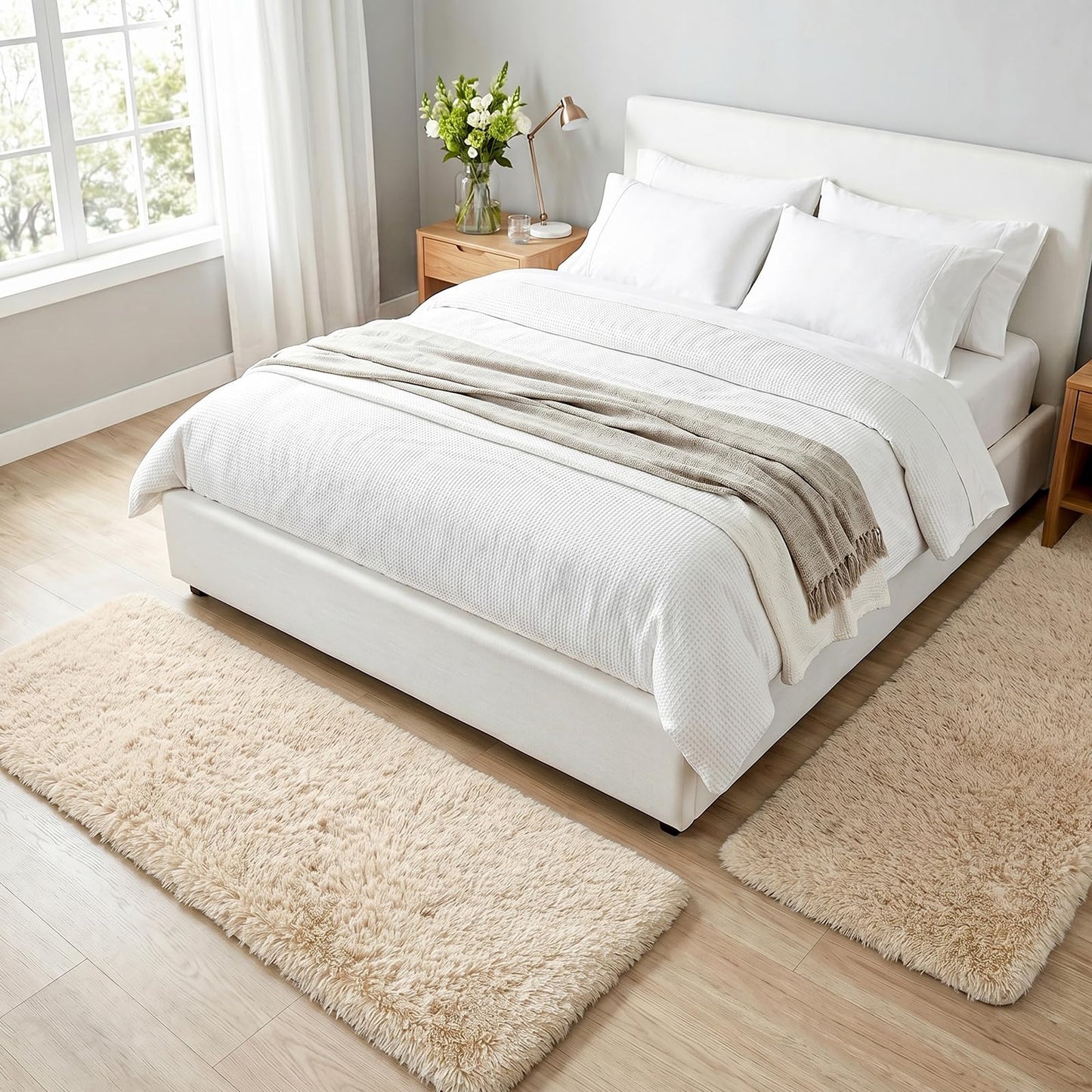 Runner Rugs for Bedroom Living Room, 2x6 Ultra Soft Plush Fluffy Bedside Rug, Long Shaggy Furry Bedroom Throw Rugs Floor Rug with High-Density Non-Slip Bottom for Dorm, Hallway, Ivory White, 2Pcs