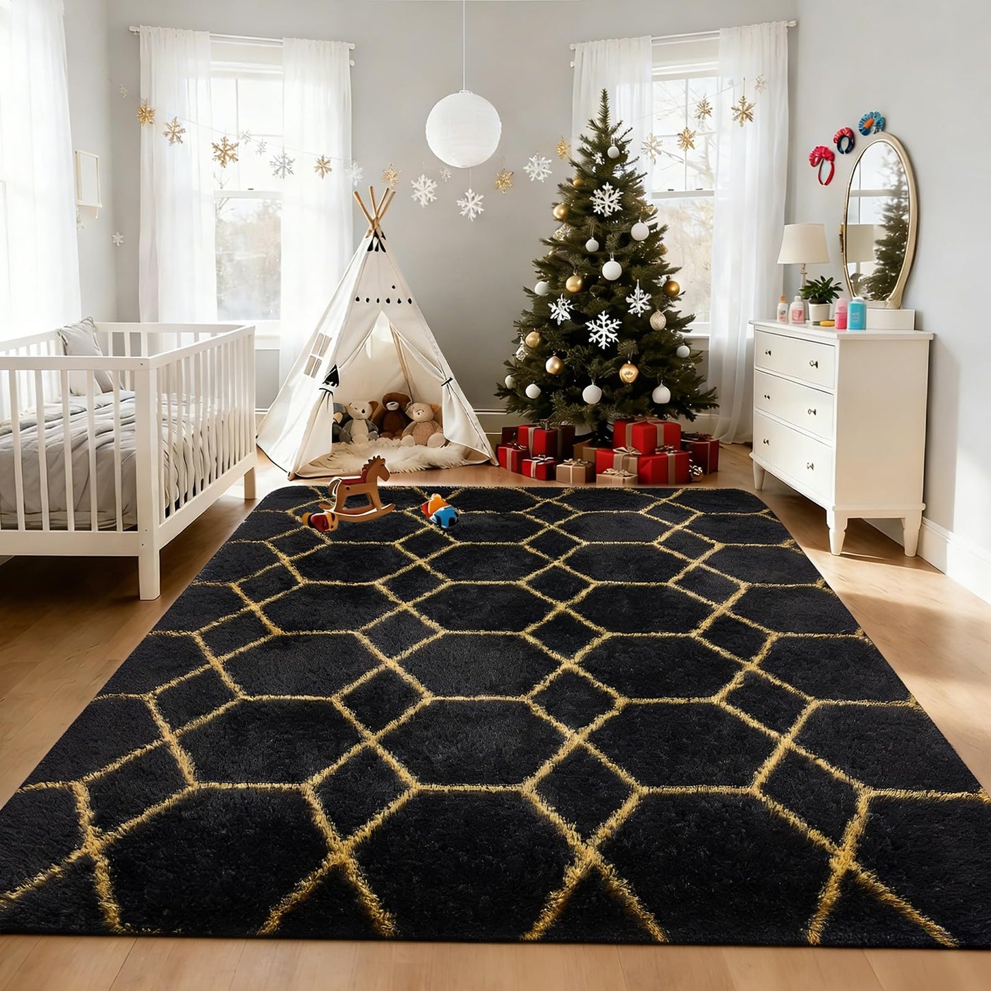 5x7 FT Soft Rug for Living Room, Geometric Shag Soft Area Rug, Classic Rug Anti-Skid High Pile Fluffy Carpet for Kids Room Nursery, Dorm Home Decor