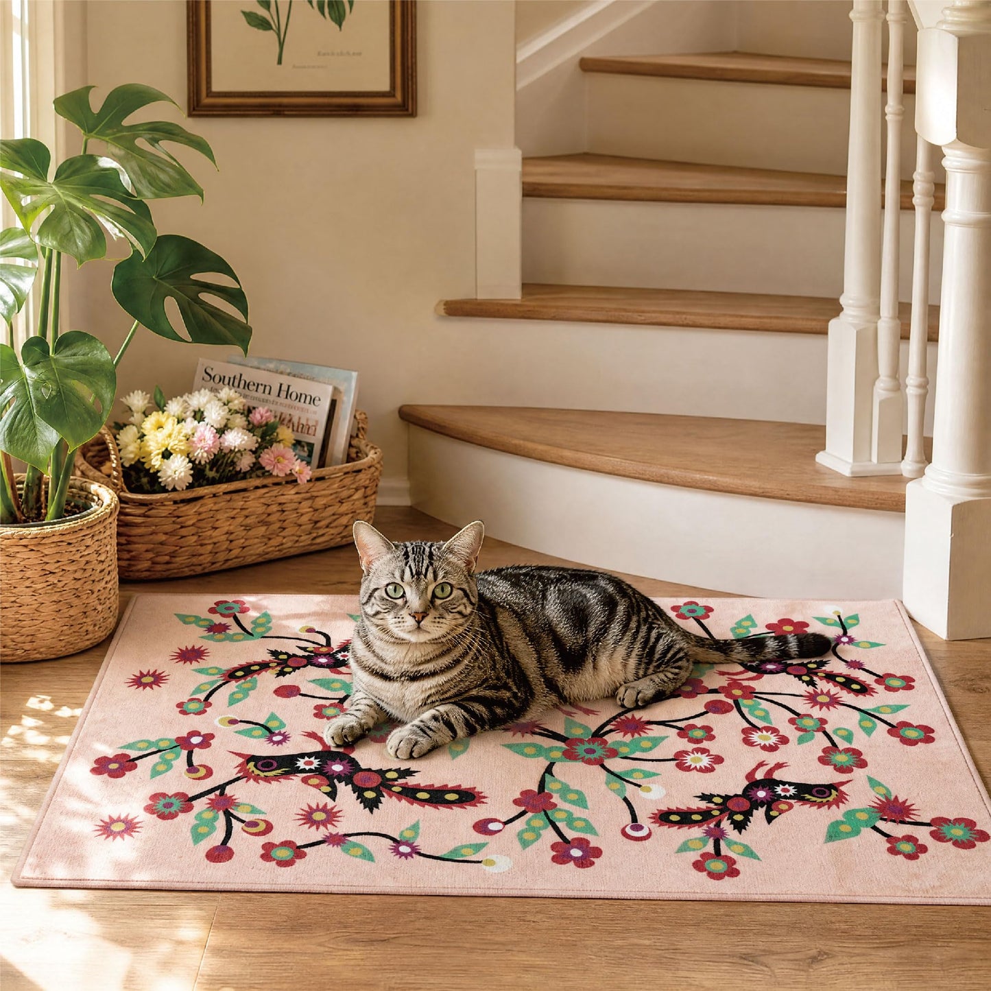 Jianhua Goddess 2x3 Entry Rug, Magpies Pattern Series Inspired by Ku Shulan Paper-Cut, Machine Washable Indoor Floral Folk Art Accent Rug with Non-Slip Backing for Entryway, Bedside, Studio