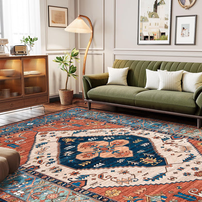 Lahome Area Rugs 9x12 Living Room - Boho Non-Slip Washable Rug Ultra-Thin Stain Resistant Large Carpet Throw Non Shedding Dining Room Mat, Oriental Print Carpet for Bedroom Adelyn (Rust, 9'x12')