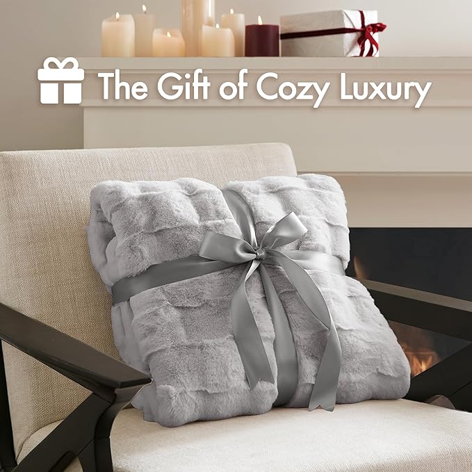 Madison Park Luxuriously Cozy Soft Long Faux Fur Basketweave Blanket, Reversible Soft & Snuggly Velvet Throw, Lightweight, Breathable, All Season, Trendy Room Décor, 50x60, Light Grey
