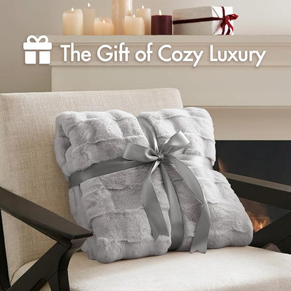 Madison Park Luxuriously Cozy Soft Long Faux Fur Basketweave Blanket, Reversible Soft & Snuggly Velvet Throw, Lightweight, Breathable, All Season, Trendy Room Décor, 50x60, Light Grey