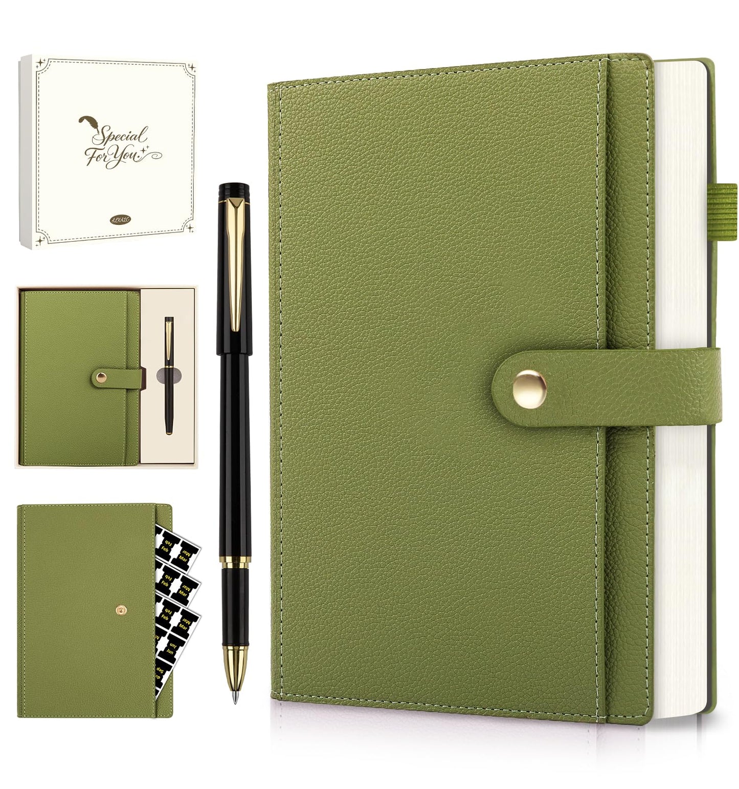 A5 Lined Leather Journal Notebook, Hardcover Journal Set with Pen, Monthly Index Tabs and Gift Box, 320 Pages 100GSM Thick Paper, Thick Daily Diary, Journal for Women, Men, School, Travel, Work(Green)