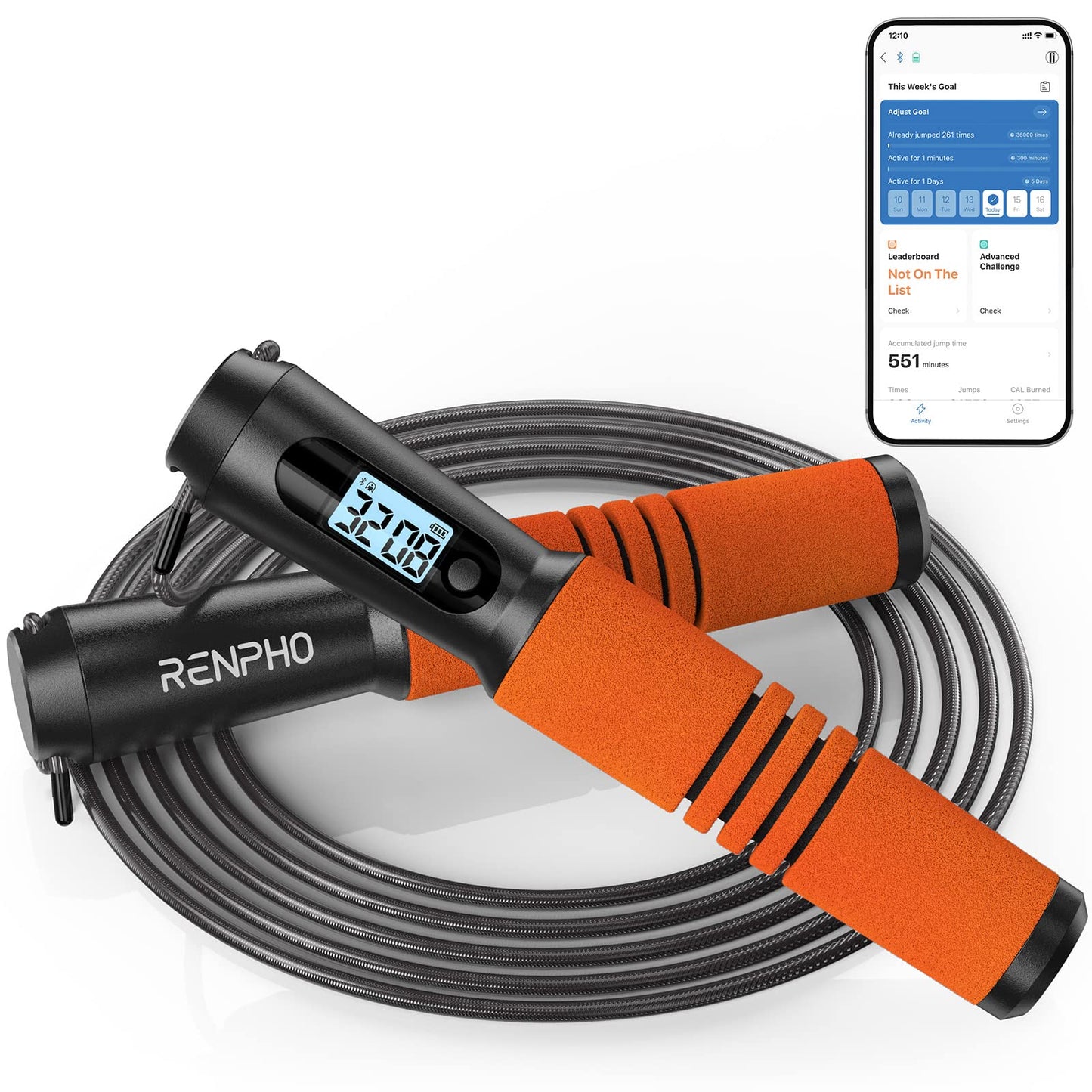Jump Rope, RENPHO Jump Rope with Counter, Smart Jumping Rope with APP, Fitness Skipping Ropes for Men Workout, Exercise Skip Rope for Women - Orange