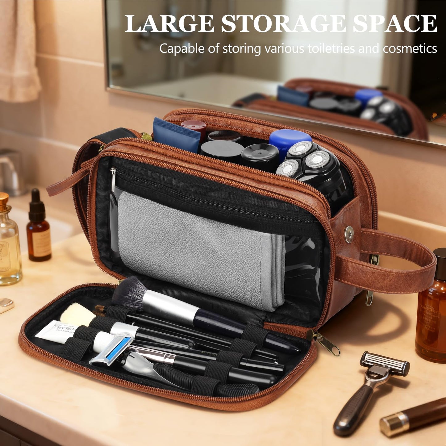 Personalized Leather Toiletry Bag for Men,Thanksgiving Day Gift for Dad Him Men,Custom Travel Shaving Bag,Dad Birthday Gift for Husband Groomsmen Anniversary Christmas Valentine's Father Day-Browm D
