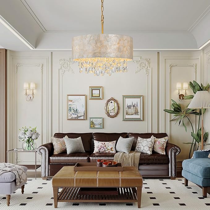 4-Lights Drum Capiz Shell Crystal Chandeliers, Coastal Style Pendant Light Fixture for Dining Room, Living Room, D18 x 21~68"(Adjustable), Shell Lampshade & Gold Finish