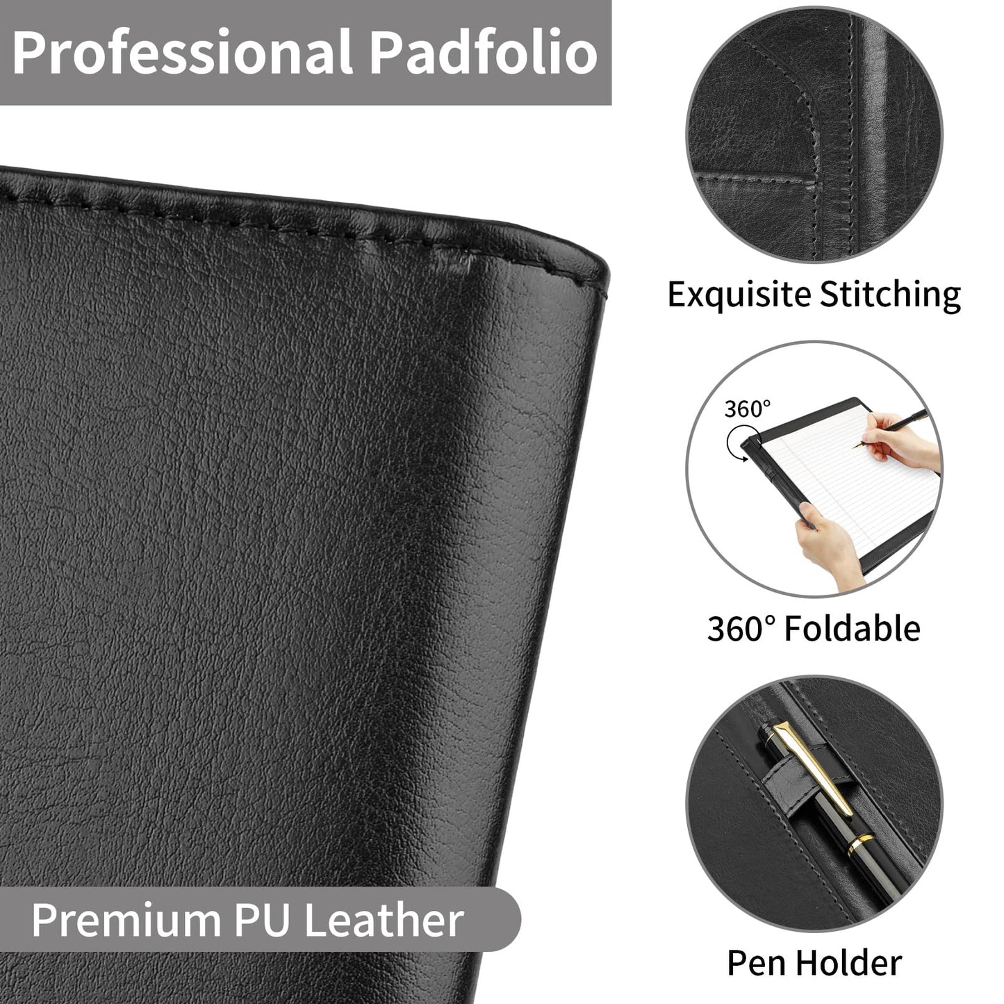 MOWPOG Professional Padfolio Portfolio Binder, Faux Leather Interview Resume Folder, Letter Size A4 Legal Writing Pad Holder, Document Organizer for Business School Office Conference (Black)