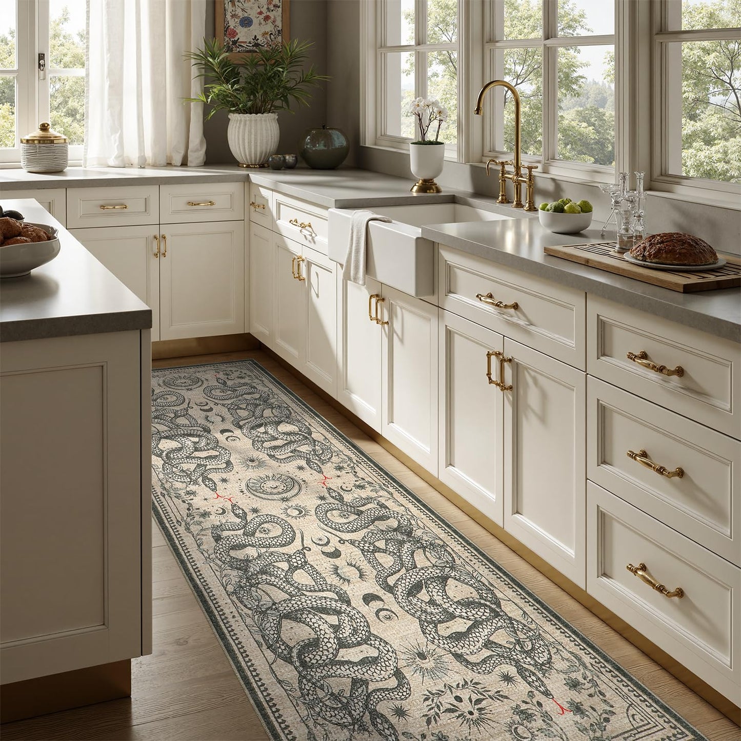 DCX Washable 2x6 Snake Runner Rug, Beige Gothic Rug for Living Room, Soft Low Pile Carpet, Kid & Pet Friendly with Rubber Back Non Slip, Stain Resistant Rug for Bedroom Dining Room Office