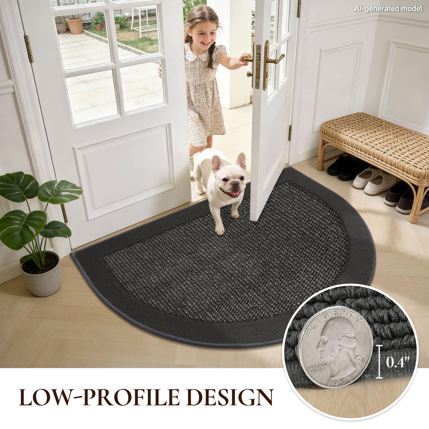 FLOORHUG Half Circle Door Mat Indoor Entrance Welcome, Non-Slip Washable Doormat, Trap Dirt and Moisture, Low Profile Mats for Indoor Entry, 32"x48", Dark Grey
