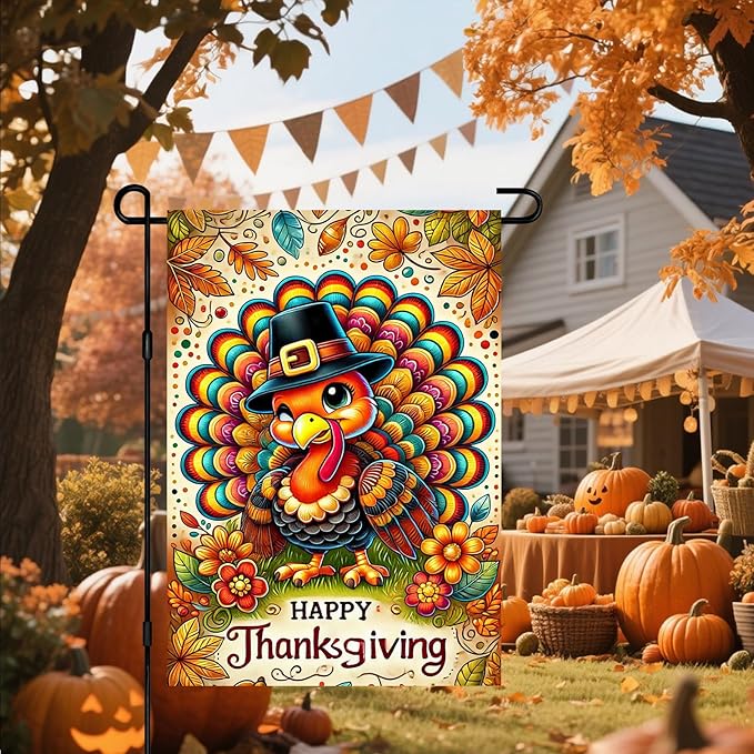 Thanksgiving Garden Flag Cute Turkey Pilgrim Hat 12x18 Inch Seasonals Outdoor Yard Banner Double Sided Fall Autumns Flags Decor For Girls or boys gifts Decrations Flags