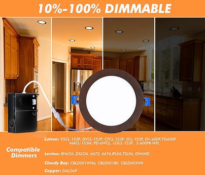 Cloudy Bay 6 inch 3000K/ 4000K/ 5000K Three Color Temperature Selectable,Dimmable 15W CRI90+,Ultra Thin LED Recessed Light with Junction Box,IC Rated, Canless Wafer Downlight, Oil Rubbed Bronze,6 Pack