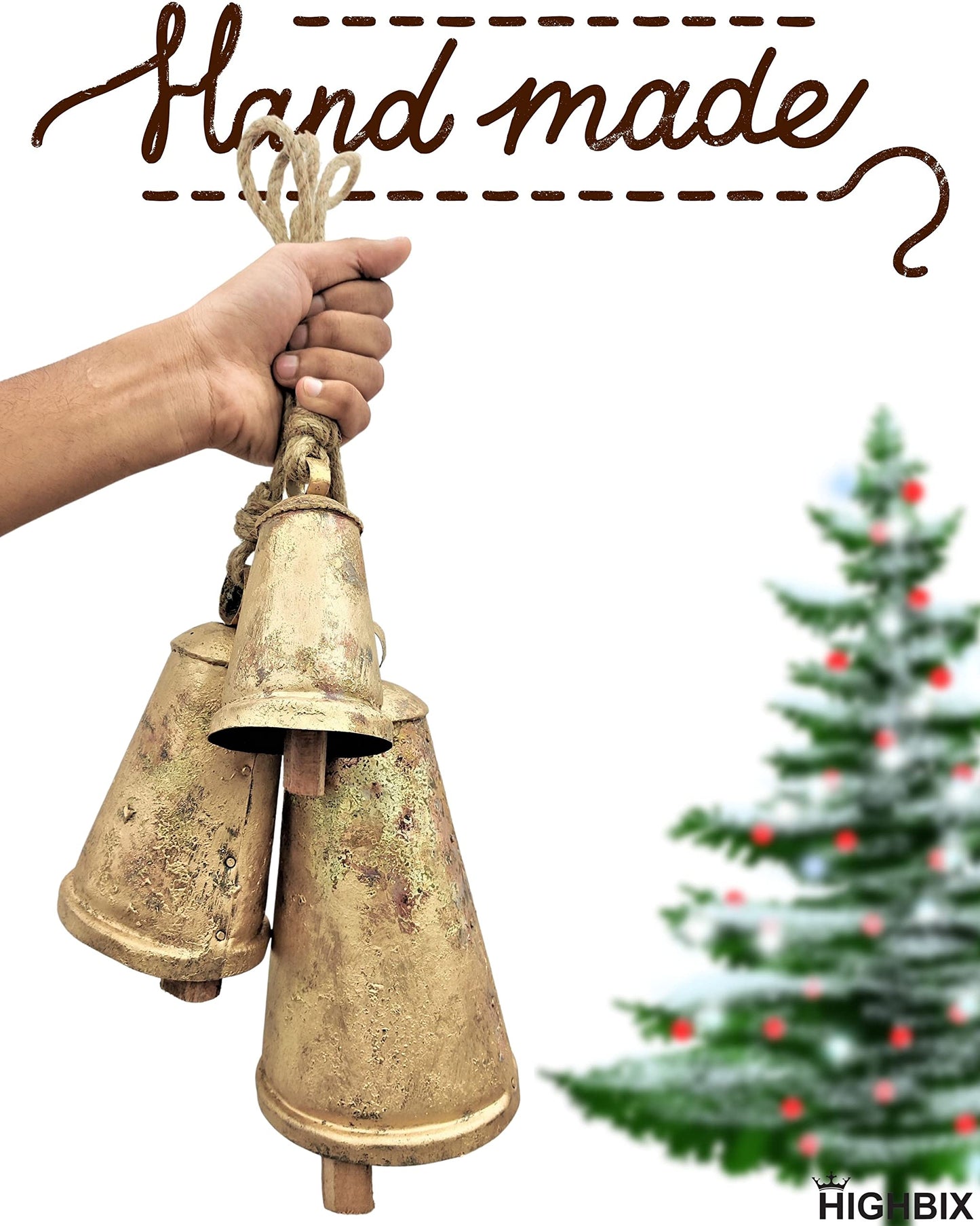 HIGHBIX Set of 3 Giant Harmony Cow Bells Huge Vintage Handmade Rustic Lucky Christmas Hanging Cone Bells (X-Large)