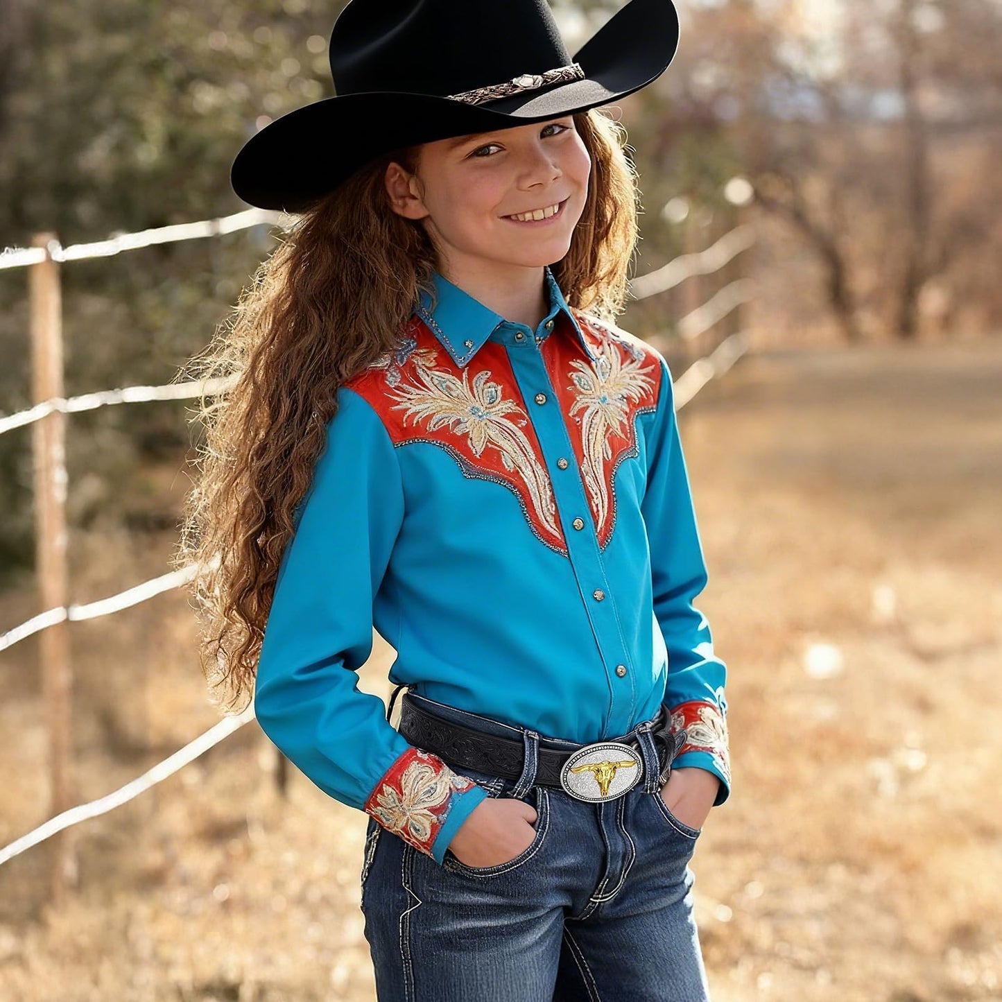 SANSTHS Kids Western Belt for Boys Girls Genuine Leather Cowboy Cowgirl Belts with Detachable Buckle for Jeans Western Gifts, Golden Bull Buckle/Black Belt