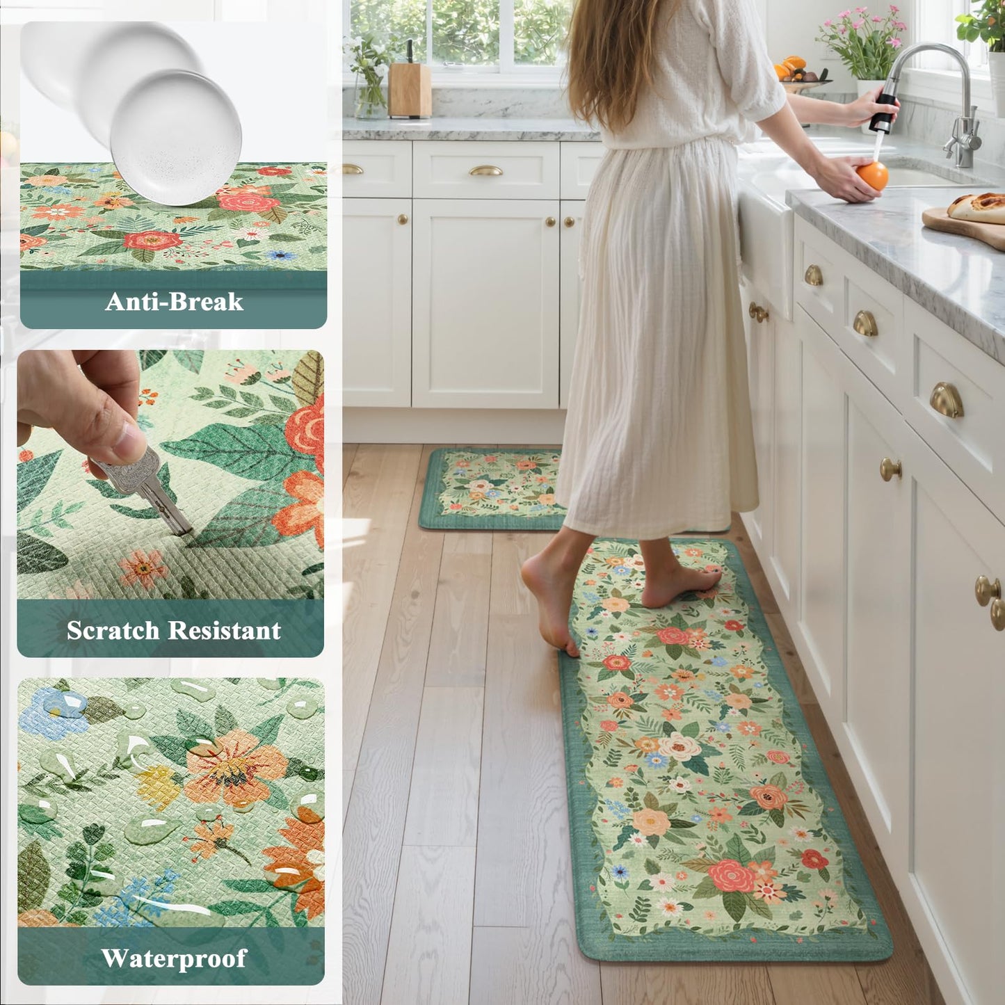 KIMODE Anti Fatigue Mats for Kitchen Floor 17"x47"+17"x29",Green Farmhouse Kitchen Rugs Sets of 2, Cushioned Kitchen Floor Mats Non Skid, Memory Foam Mats for Laundry Office Sink Desk