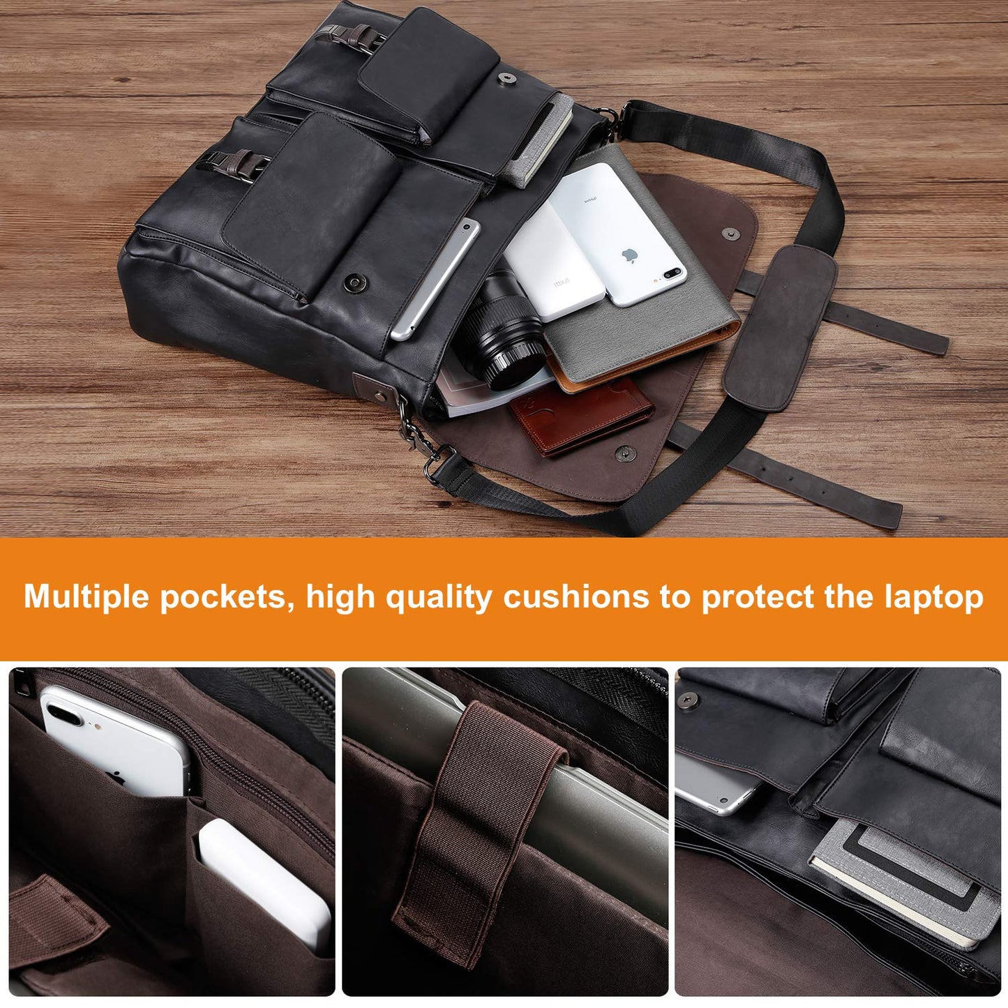 seyfocnia Men's Vintage Black 17.3 Inch Water Resistant PU Leather Laptop Bag, Messenger Bag, Satchel, Briefcase