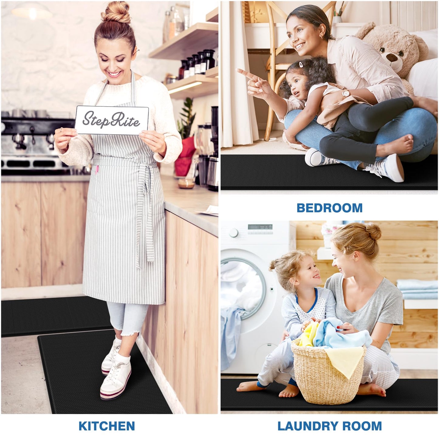 StepRite Kitchen Mats, 2PCS Kitchen Rugs, Cushioned Anti Fatigue Kitchen Mats for Floor, Non-Slip Standing Desk Mat, Waterproof Kitchen Rug Set for Kitchen, Floor, Office, 17.3"x30"+17.3"x70", Black