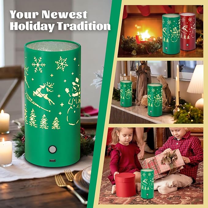 Christmas Table Lamp with Hollow-Out Design - Rechargeable Touch Control Dual Color LED, Warm/Cool White Metal Decor for Home Desk Party, 1200mAh Battery(Greed)