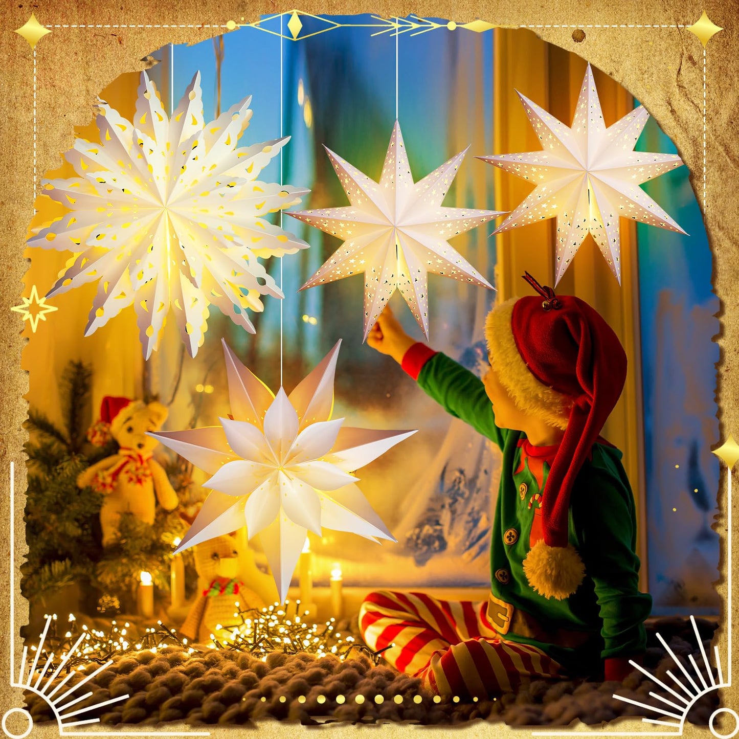 Watersay 6 Pack Winter Snowflake Paper Lantern Star Paper Lanterns with 6 LED Light White Hanging Lamp Ornaments for Christmas Winter Weddings Birthday Holiday Party Decoration(Classic Style)