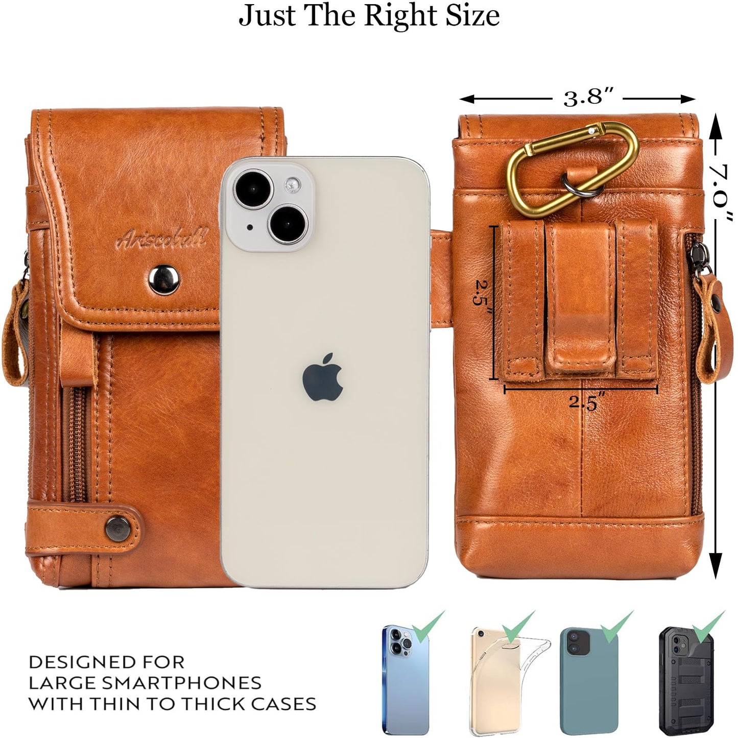 Ariscobull - Leather Phone Holster - Genuine Full-Grain Buffalo Leather Cell Phone Holsters - for iPhone 16, 15, 14, 13pro, Galaxy S24, S23, S22-7”H X 3.5" W (Coffee)