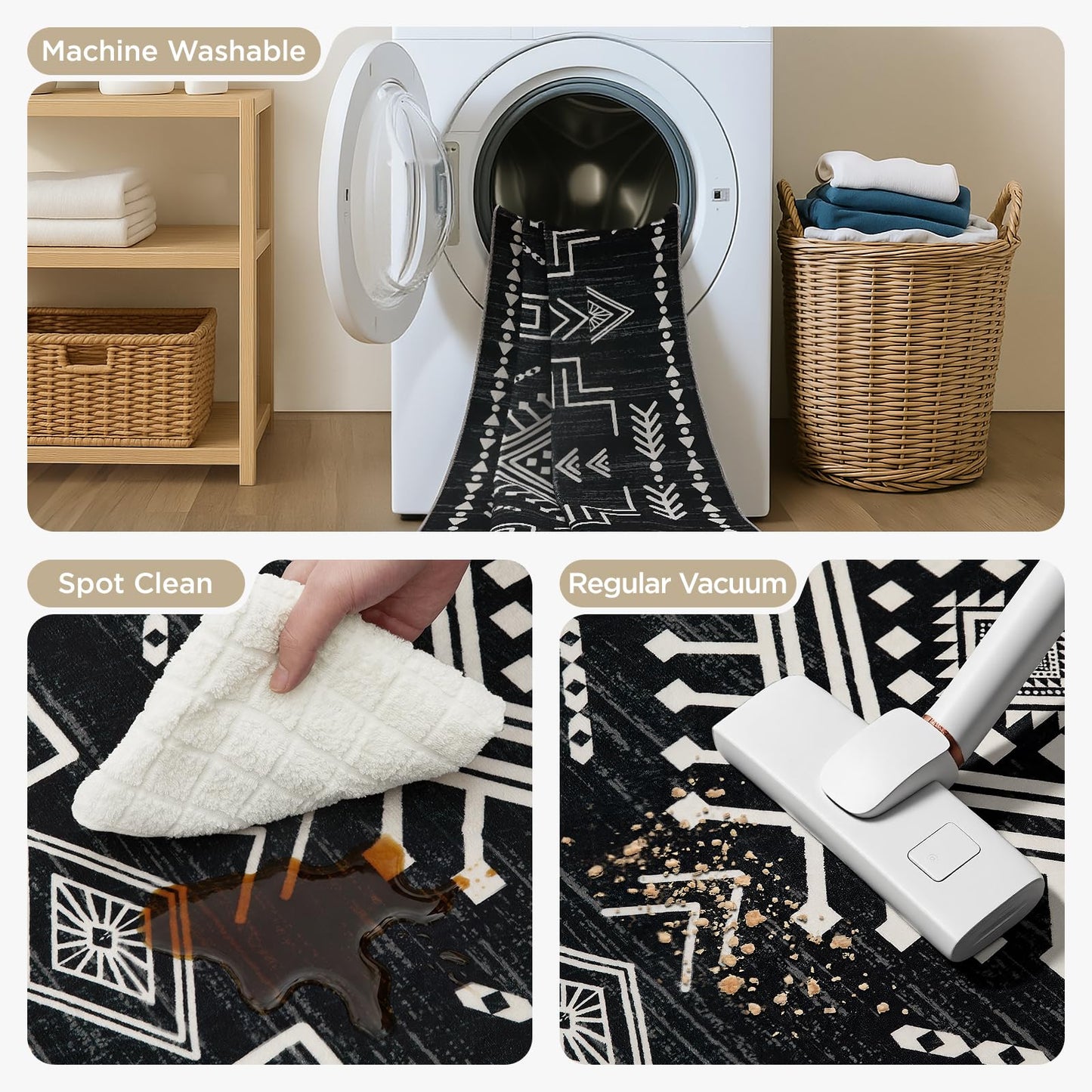 Joydeco Moroccan 5x7 Western Black and White Rugs for Living Room, Washable Soft Aztec Rug for Bedroom, Low Pile Distressed Modern Carpet for Dining Room Playroom Office Home Decor