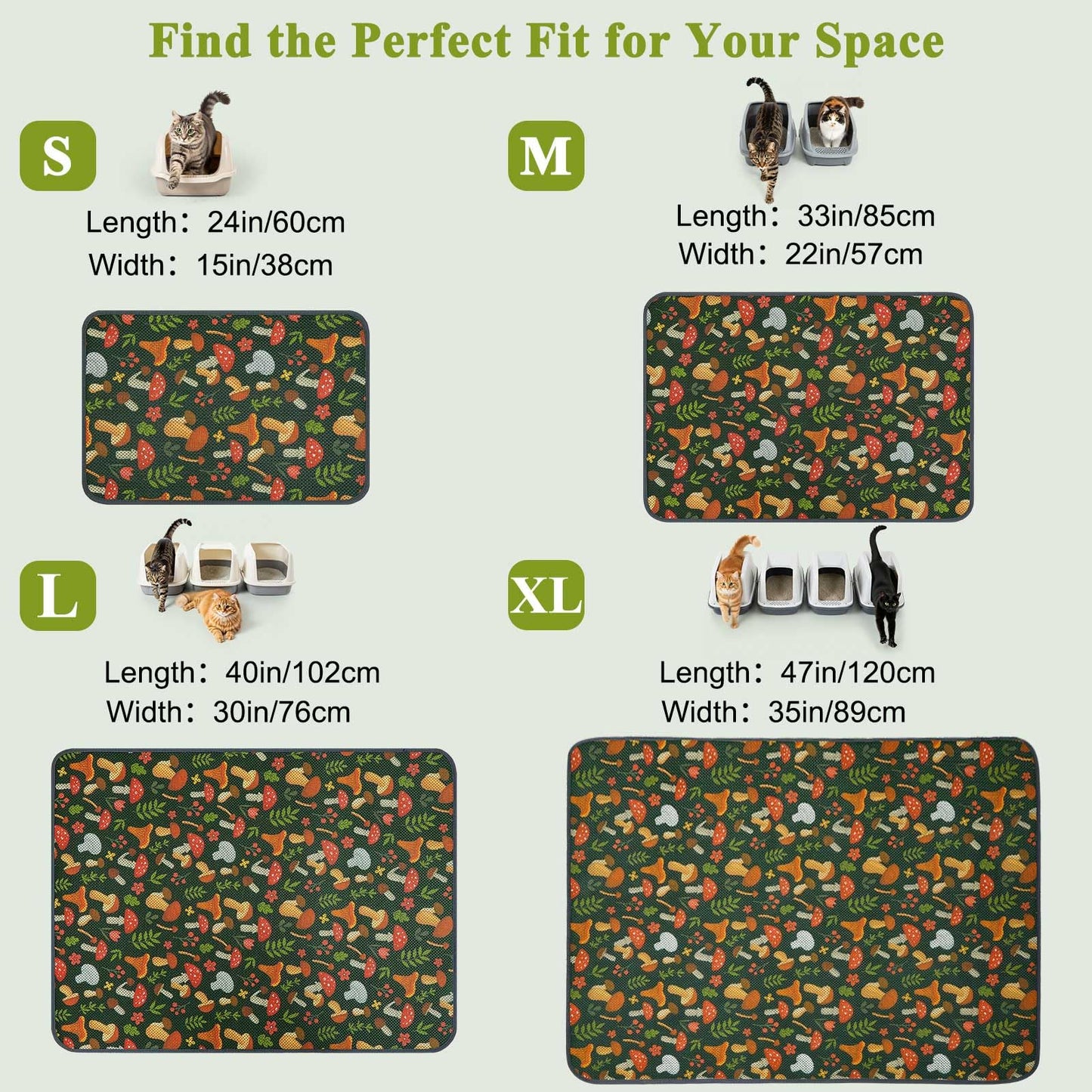 Unicorn Catcher 40X30in Cat Litter Mat Machine Washable Soft 3D Air Mesh Litter Box Rug Non-Slip Backing Quick Dry Scatter Control for Paws,Green Mushrooms