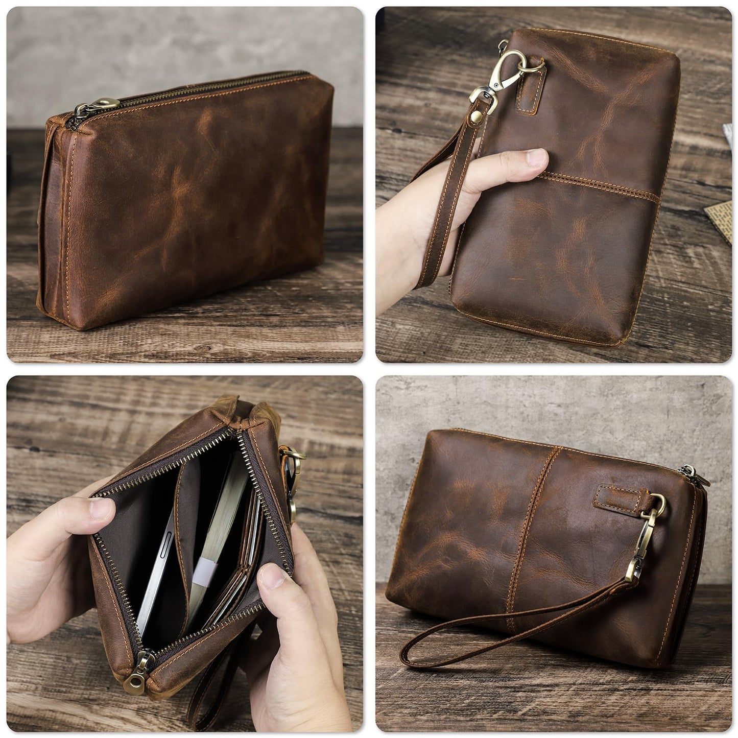 Top Grain Genuine Leather Clutch Wallet with Wristlet for Man & Woman, Handmade Simple Retro Vintage Design, Multi Pockets & Card Slots, RFID Large Capacity for Cards/ID/Checks/Banknote/Phone, Coffee