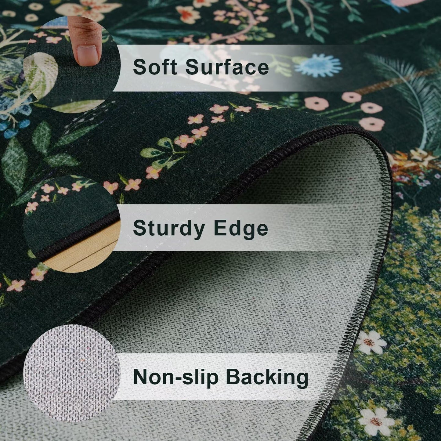 Vasofe 3x5 Bedroom Rug,Washable Rugs for Entryway, Living Room, Indoor Floor Mat, Modern Animal Peacock Floral Mats for Nursery, Farmhouse, Laundry Room, Non Slip Low Pile Soft Carpet, Black Green