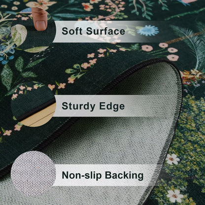 Vasofe 3x5 Bedroom Rug,Washable Rugs for Entryway, Living Room, Indoor Floor Mat, Modern Animal Peacock Floral Mats for Nursery, Farmhouse, Laundry Room, Non Slip Low Pile Soft Carpet, Black Green