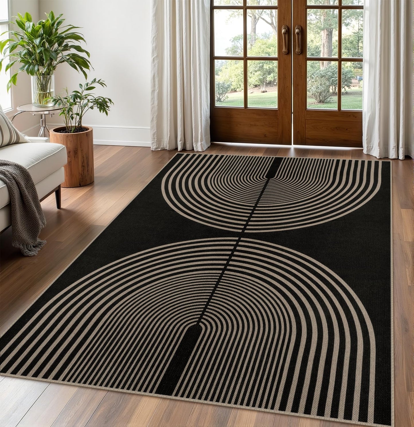 Rugalia Easy Jute 5x7 Outdoor Patio Rug, Washable Black Boho Rainbow Rugs for Living Room, Non-Slip Modern Farmhouse Outdoor Mat Neutral Abstract Floor Carpet for Patio Dining Room Backyard