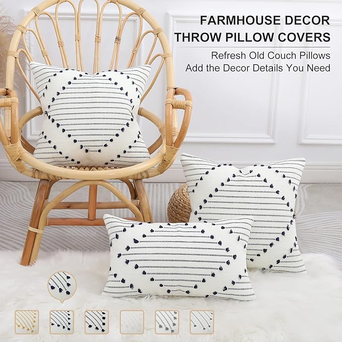 Mecatny Boho Outdoor Throw Pillow Covers 18X18 Set of 2, Farmhouse Decorative Pillow Covers for Couch Sofa Living Room, Navy & Cream White