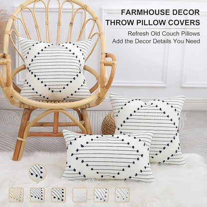 Mecatny Boho Outdoor Throw Pillow Covers 12X20 Set of 2, Farmhouse Lumbar Pillow Covers for Couch Sofa Living Room, Navy & Cream White