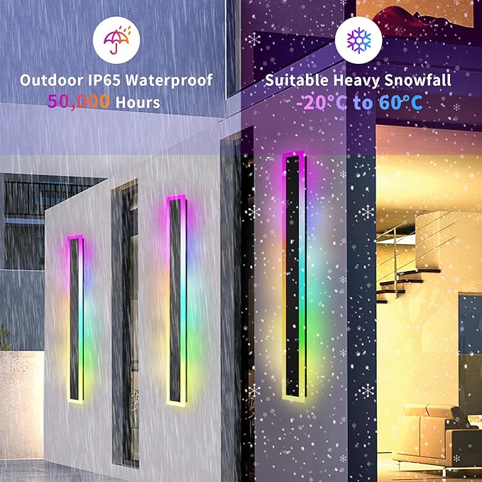 Outdoor RGB Long Wall Lights, 39.4inch 2 Pack RGB/Warm/White Dimmable Modern Led Wall Lighting, Ip65 Waterproof Long Wall Sconce with Remote and APP Control for Outdoor/Indoor