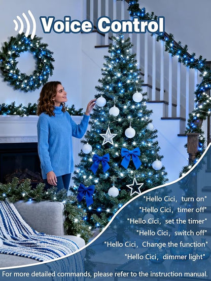 Voice Controlled Christmas Lights with Remote, 99 FT 300 LED String Lights Indoor Outdoor with 12 Modes 3 Timers, Dimmable Twinkle Light Plug in Waterproof for Xmas Tree Party Decor, White and Blue