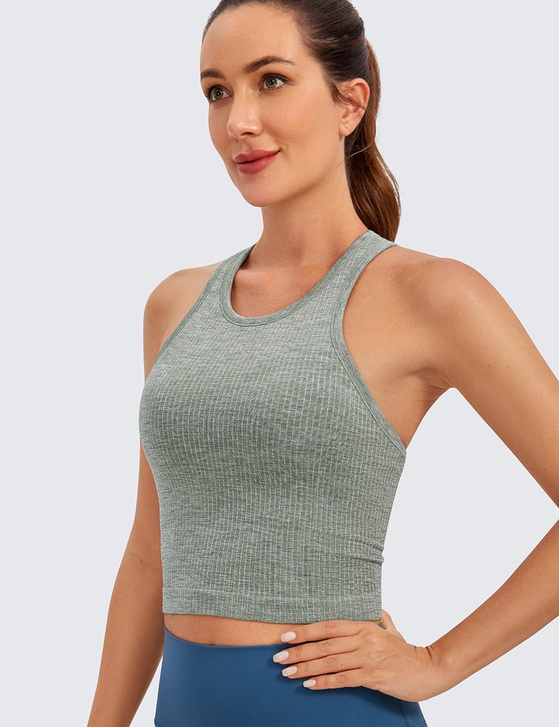 CRZ YOGA Seamless Ribbed High Neck Crop Tank Tops for Women - Longline Racerback Padded Sports Bras Dark Green Heather Medium