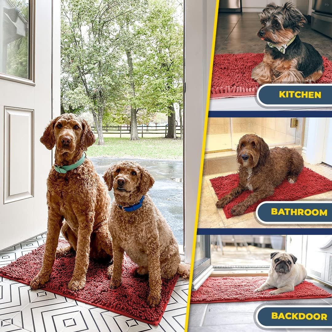 Muddy Mat® Pack of 3 Highly Absorbent Microfiber Dog Door Mat and Pet Rug, Non Slip Thick Washable Area Mat Soft Chenille for Kitchen Bathroom Bedroom and Outdoor - Red Small, Medium & Large