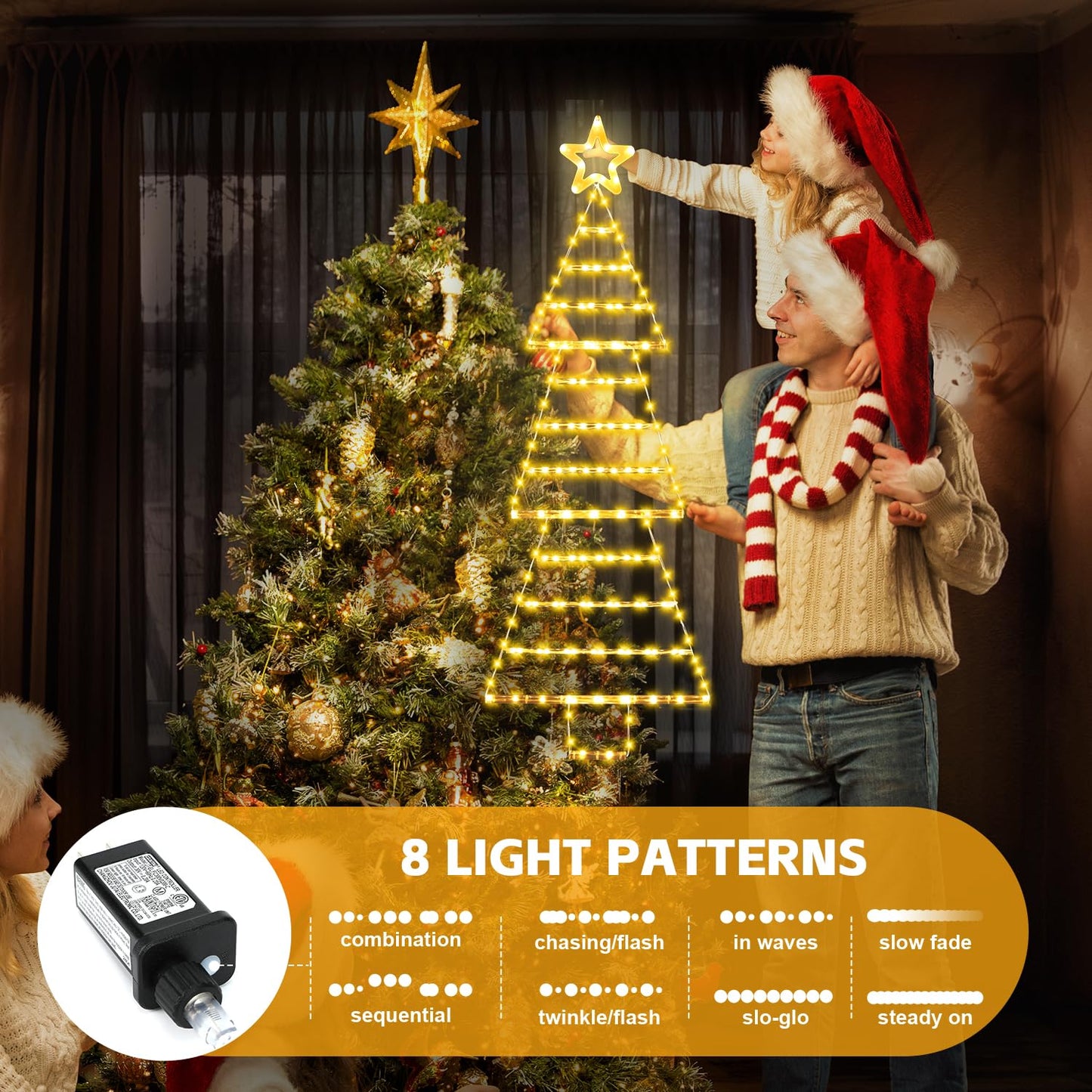 (New) Christmas Lights, 4.6ft Christmas Decoration with Star Topper, Hanging Xmas Ornament with 8 Modes, Tree-Shaped Santa Ladder for Doors, Walls and Windows - Warmwhite